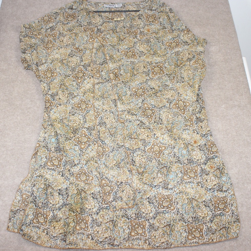 Unique Spectrum Womens 2X Paisley Tunic Top Blue Brown Beaded Ruffle Bell Sleeve